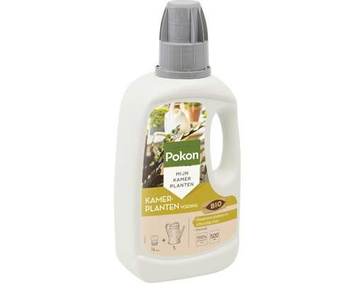 Pokon kamerplantenvoeding in witte fles met grijze dop