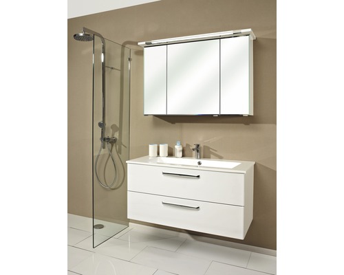 Badkamer met douchecabine, wastafelonderkast en spiegelkast.