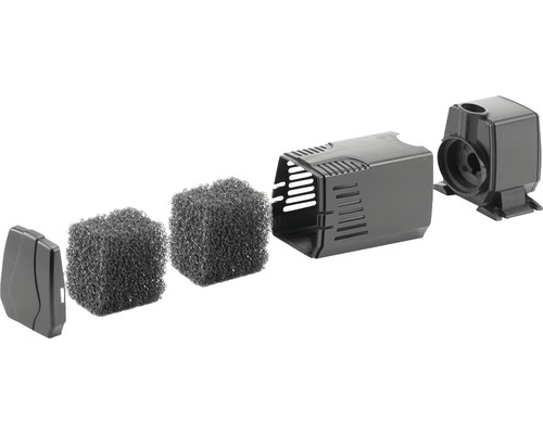 Explosietekening van een vijverpomp met behuizing, filter en deksel