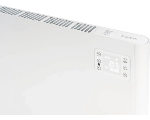 Gedetailleerde weergave van een witte radiator met digitaal display van Eurom