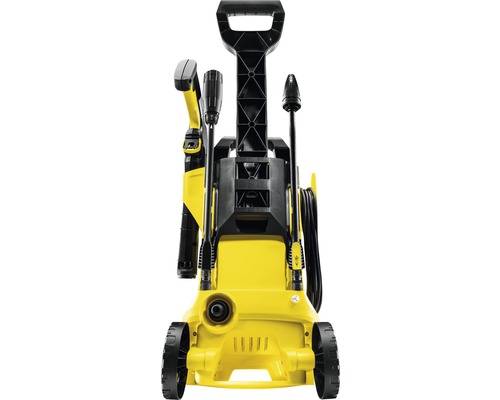Gele hogedrukreiniger met wielen en accessoires