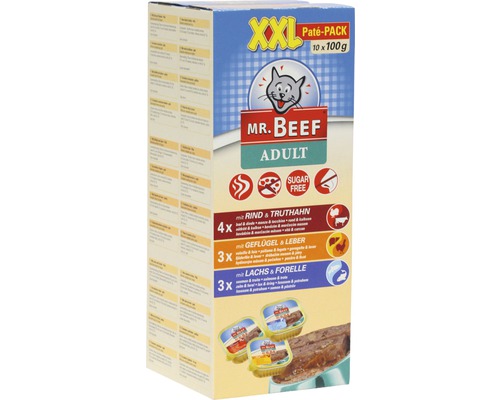 MR. BEEF Kattenvoer paté tray 8 x 10 x 100 gr XXL-verpakking Mr. Beef Adult kattenvoer paté met rund, kalkoen, gevogelte, lever, zalm en forel