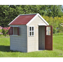 Houten speelhuis met raam en deur in de tuin