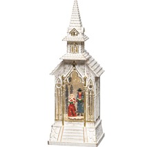 Decoratieve kerk met zingende figuren en sneeuwvalfunctie als kerstdecoratie