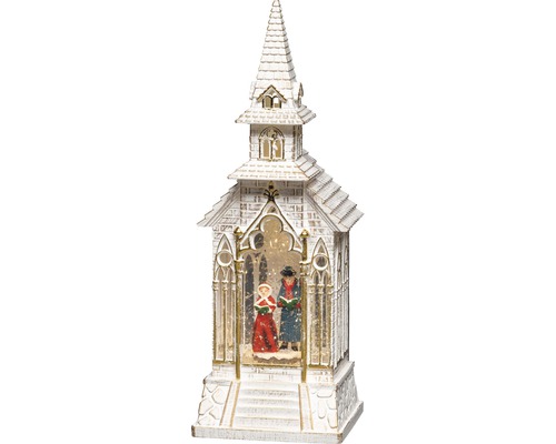 Decoratieve kerk met zingende figuren en sneeuwvalfunctie als kerstdecoratie