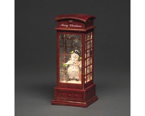 Sneeuwbol in telefooncel met sneeuwpopfiguur