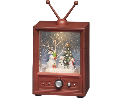 Sneeuwbol in de vorm van een televisie met sneeuwpop, kerstboom en verlichting