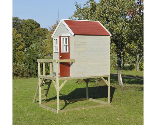 Houten speelhuis met rood dak op gazon