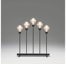 Decoratieve lamp met vijf gloeilampen op een zwarte voet
