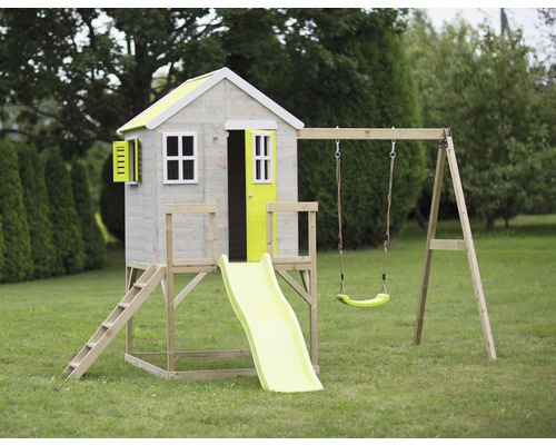 Speelhuis met glijbaan en schommel voor de tuin