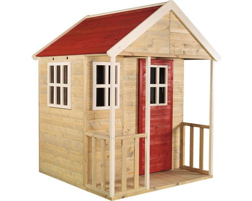 Houten speelhuis met rood dak en veranda