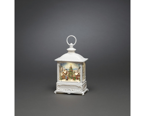 Decoratieve witte lantaarn met kerstmotief en sneeuw