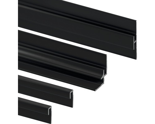 Meerdere zwarte profielen in verschillende maten.