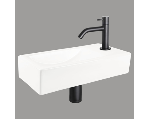 DIFFERNZ Fonteinset Neva met plug always open keramiek mat zwart 38x18x8 cm Rechthoekige keramische opzetwastafel met kraan