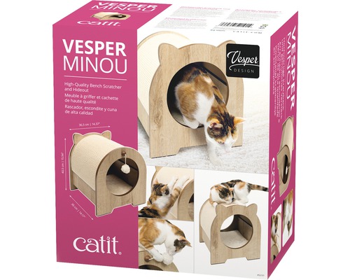 Vesper Minou kattenmeubel met krabvlak en schuilplaats in productverpakking