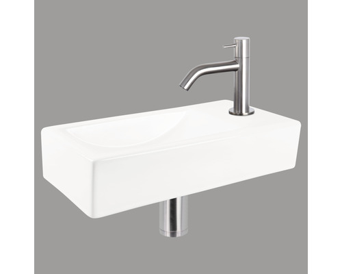 DIFFERNZ Fonteinset Neva met plug always open keramiek mat chroom 38x18x8 cm Rechthoekige wastafel met kraan en sifon