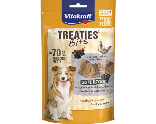VITAKRAFT Treaties Bits Superfood 100 gram Verpakking Vitakraft Treaties Bits hondensnacks met kip en vlierbes