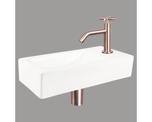 DIFFERNZ Fonteinset Neva met plug always open keramiek roodkoper 38x18x8 cm Rechthoekige keramische opzetwastafel met kraan