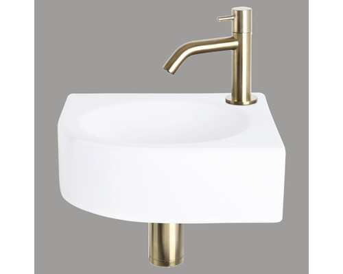 DIFFERNZ Fonteinset Wolga met plug always open keramiek mat goud 30x30x10 cm Keramische wastafel met kraan voor de badkamer
