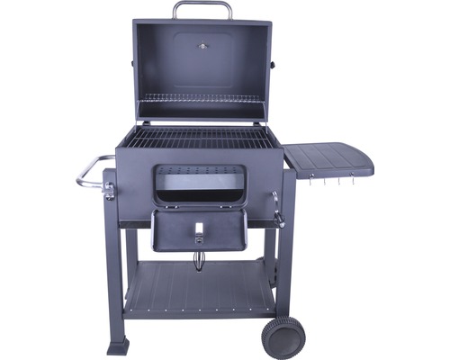 Houtskoolbarbecue met open deksel en zijplank