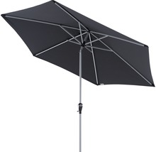 Rechthoekige parasol met zilverkleurig frame en donkere stof