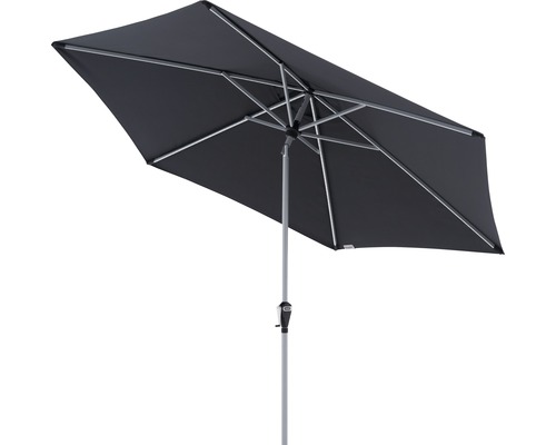 Rechthoekige parasol met zilverkleurig frame en donkere stof