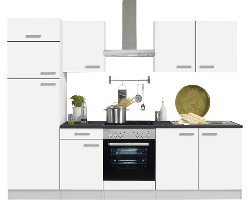 OPTIFIT Keukenblok met apparatuur Oslo214 wit mat 270x60 cm Volledige keuken met witte kasten, aanrechtblad, fornuis en afzuigkap