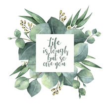 Illustratie van eucalyptusbladeren met inspirerend citaat