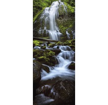 Waterval over met mos bedekte rotsen in het bos