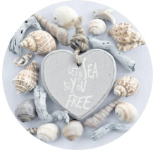 Decoratie met schelpen, drijfhout en een hart met de tekst ''Let the sea set you free''.