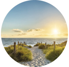 Strandpad met gras en uitzicht op zee bij zonsondergang