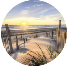 Strandlandschap bij zonsopgang met zand, gras en houten hek