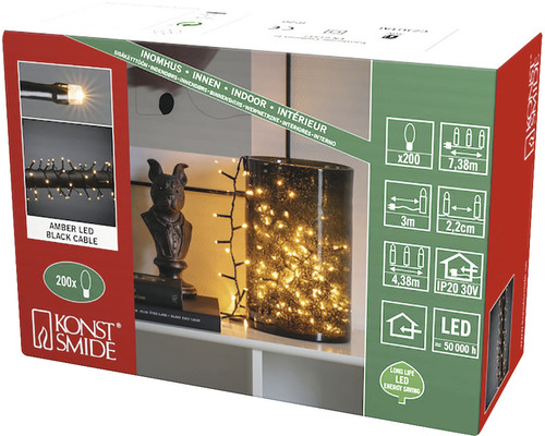 Konst Smide lichtsnoer met 200 amberkleurige LEDs en zwarte kabel, geschikt voor gebruik binnenshuis