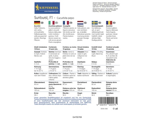Kiepenkerl Logo. Informatie over gele courgette Sunburst F1 Cucurbita Pepo met zaaien, kiemen, kweken en oogsten.