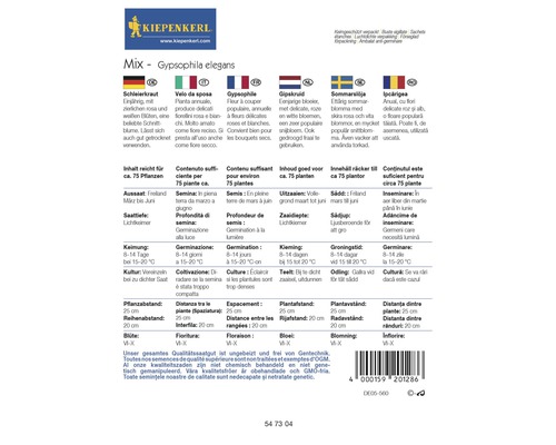 Verpakking Gipskruid zaden met informatie over zaaien, verzorging en bloeitijd