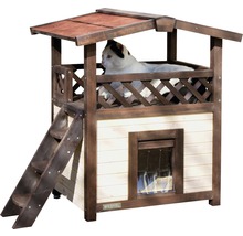 Houten kattenhuis met trap en kat