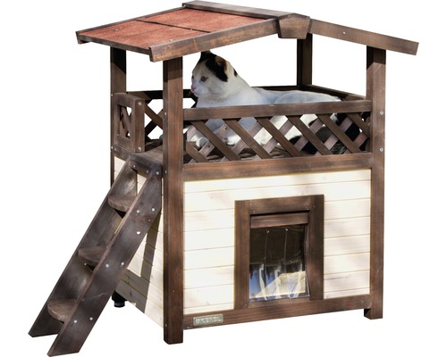 Houten kattenhuis met trap en kat