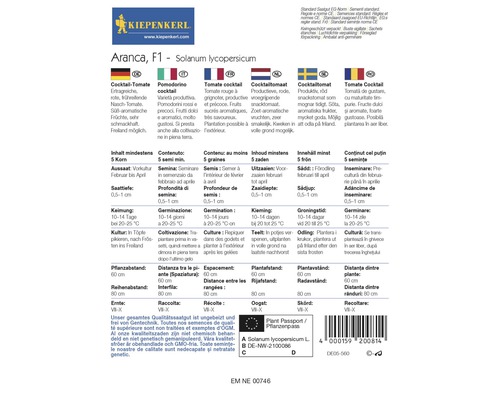 Informatie op een zaadzak voor Aranca F1 cocktailtomaten
