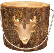 Theelichthouder van hout met hertmotief en metalen handvat