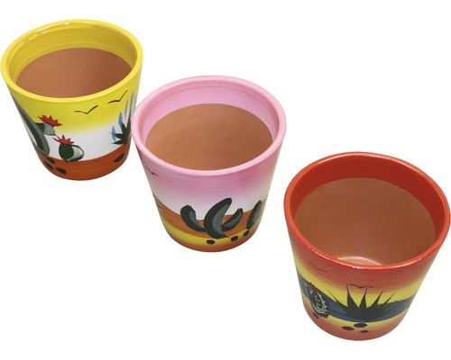 Drie beschilderde bloempotten met woestijnmotieven