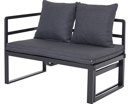 Tuinbank met twee grijze kussens op een metalen frame