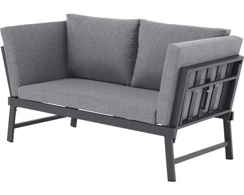 Tweezits tuinlounge met grijze kussens op metalen frame