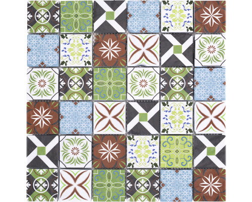 Mozaïektegel glas XCM 8RMC49 wit/bruin/blauw 30x30 cm Mozaïektegels met bloemmotieven en geometrische patronen