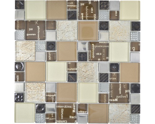 Mozaïektegel glas XCM MC539 zilver/beige/bruin 29,8x29,8 cm Mozaïektegel met glas- en steenelementen voor wand en vloer