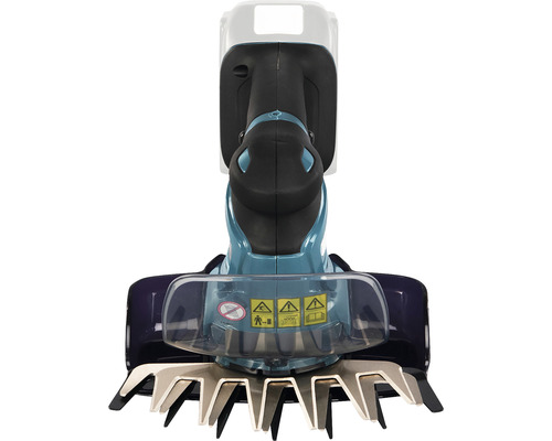 Bovenaanzicht van een accu grasschaar met beschermkap en waarschuwingssymbolen