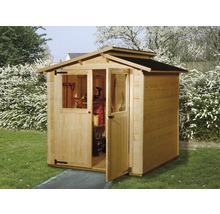 Houten tuinhuis met open deur en ramen