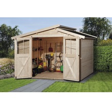 Open houten tuinhuis met tuingereedschap