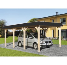 Auto onder een houten carport met plat dak