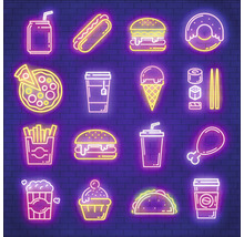 Neongrafiek met diverse etenswaren zoals pizza, hamburger en ijs