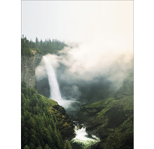 Gezicht op een waterval omgeven door bomen en rotsen